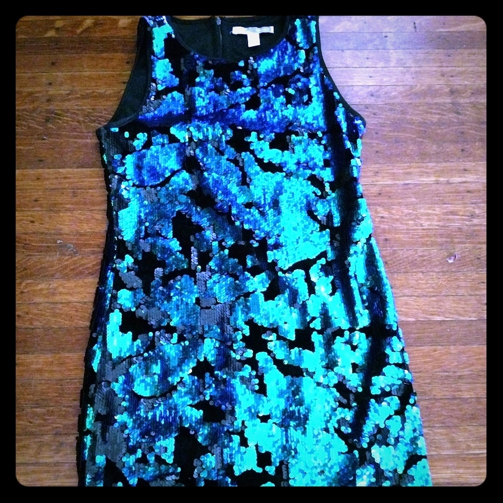 Blue/green sequin dress.